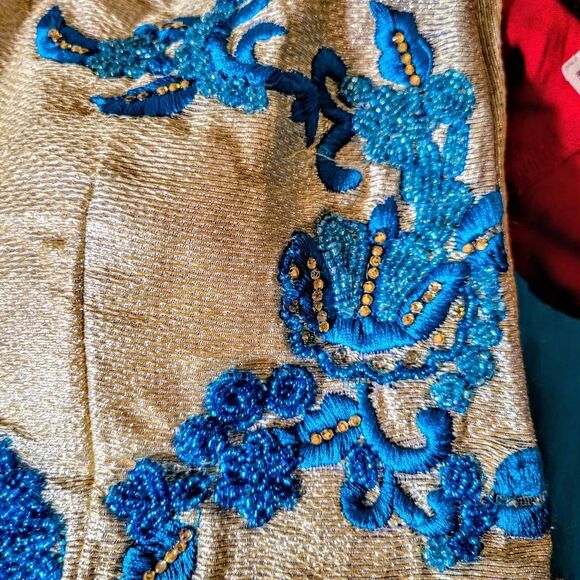 India Gold Border Sky Blue Turquoise Beads & Rhinestones Anarkali Long Dress - Picture 3 of 9